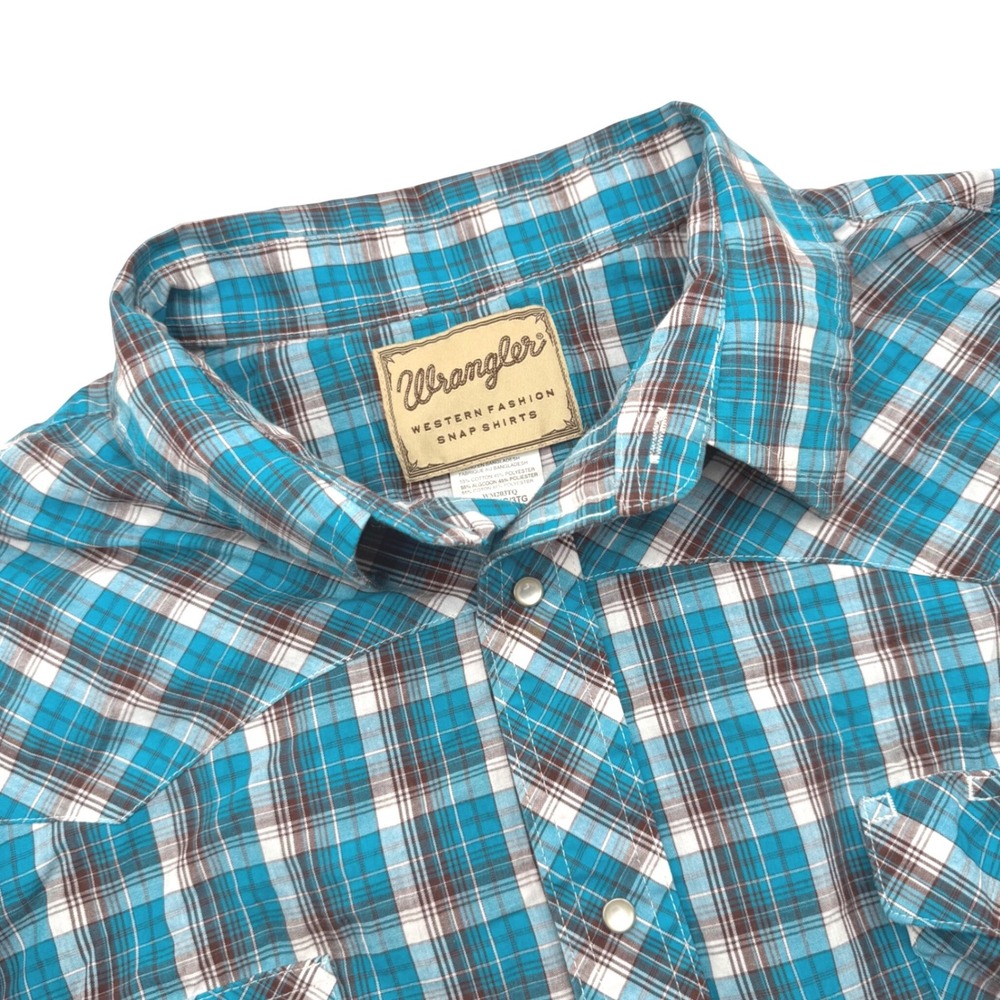 Wrangler Men's 3XB Western Fashion Blue Plaid Pearl Snap Short Sleeve Shirt